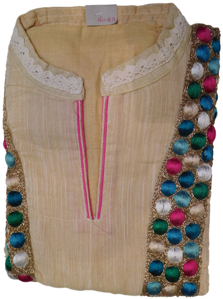 Cream Designer Cotton (Chanderi) Hand Embroidery Thread Bullion Work Kurti Kurta