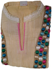 Cream Designer Cotton (Chanderi) Hand Embroidery Thread Bullion Work Kurti Kurta