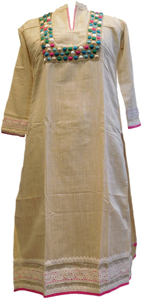 Cream Designer Cotton (Chanderi) Hand Embroidery Thread Bullion Work Kurti Kurta