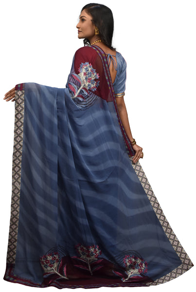 Grey & Wine Designer Pure Georgette Zari Thread Cutdana Hand Brush Printed Party Wear Sari Saree AK46S