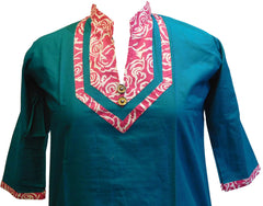Turquoise Printed Designer Cotton (Chanderi) Kurti