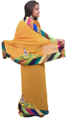 Yellow & Blue Designer Pure Chiffon Zari Thread Cutdana Hand Brush Printed Party Wear Sari Saree 51S