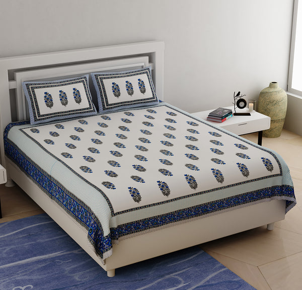 White & Blue Pure Cotton Double Bed Ethnic Jaipuri Printed Bedsheet