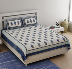 White & Blue Pure Cotton Double Bed Ethnic Jaipuri Printed Bedsheet