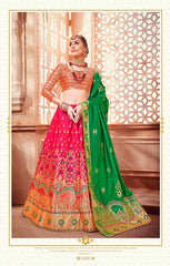 Green & Pink Designer Wedding Partywear Banarasi Silk Jacquard Lehenga Banarasi Silk Jacquard Dupatta & Banarasi Silk Jacquard Blouse