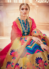 Blue & Pink Designer Wedding Partywear Banarasi Silk Jacquard Lehenga Banarasi Silk Jacquard Dupatta & Banarasi Silk Jacquard Blouse