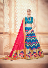 Blue & Pink Designer Wedding Partywear Banarasi Silk Jacquard Lehenga Banarasi Silk Jacquard Dupatta & Banarasi Silk Jacquard Blouse
