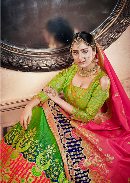 Light green & Pink Designer Wedding Partywear Banarasi Silk Jacquard Lehenga Banarasi Silk Jacquard Dupatta & Banarasi Silk Jacquard Blouse