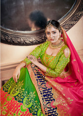 Light green & Pink Designer Wedding Partywear Banarasi Silk Jacquard Lehenga Banarasi Silk Jacquard Dupatta & Banarasi Silk Jacquard Blouse