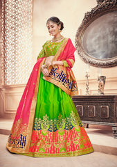 Light green & Pink Designer Wedding Partywear Banarasi Silk Jacquard Lehenga Banarasi Silk Jacquard Dupatta & Banarasi Silk Jacquard Blouse
