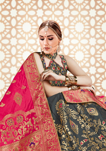 Grey & Pink Designer Wedding Partywear Banarasi Silk Jacquard Lehenga Banarasi Silk Jacquard Dupatta & Banarasi Silk Jacquard Blouse