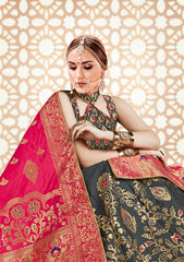 Grey & Pink Designer Wedding Partywear Banarasi Silk Jacquard Lehenga Banarasi Silk Jacquard Dupatta & Banarasi Silk Jacquard Blouse