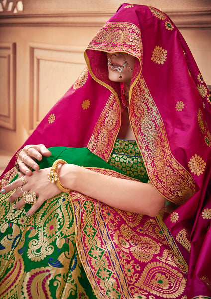 Green & Pink Designer Wedding Partywear Banarasi Silk Jacquard Lehenga Banarasi Silk Jacquard Dupatta & Banarasi Silk Jacquard Blouse