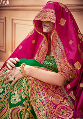 Green & Pink Designer Wedding Partywear Banarasi Silk Jacquard Lehenga Banarasi Silk Jacquard Dupatta & Banarasi Silk Jacquard Blouse
