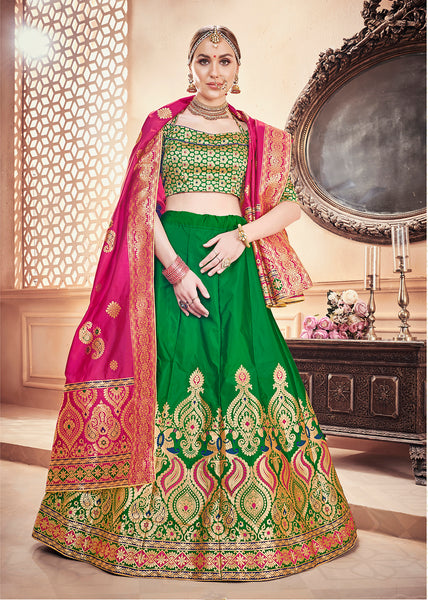 Green & Pink Designer Wedding Partywear Banarasi Silk Jacquard Lehenga Banarasi Silk Jacquard Dupatta & Banarasi Silk Jacquard Blouse