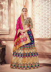 Deep Blue Golden & Pink Designer Wedding Partywear Banarasi Silk Jacquard Lehenga Banarasi Silk Jacquard Dupatta & Banarasi Silk Jacquard Blouse