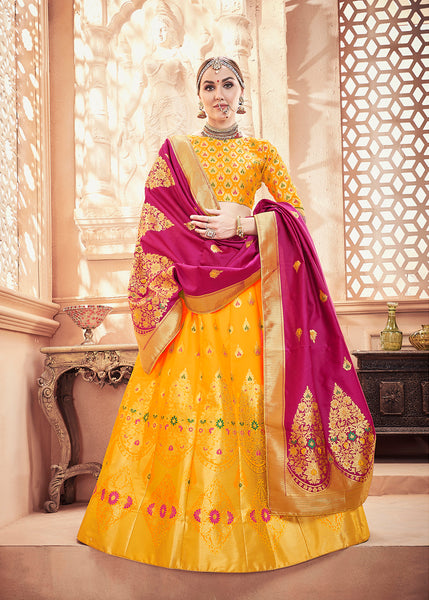 Yellow & Pink Designer Wedding Partywear Banarasi Silk Jacquard Lehenga Banarasi Silk Jacquard Dupatta & Banarasi Silk Jacquard Blouse