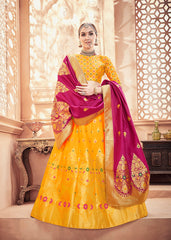 Yellow & Pink Designer Wedding Partywear Banarasi Silk Jacquard Lehenga Banarasi Silk Jacquard Dupatta & Banarasi Silk Jacquard Blouse