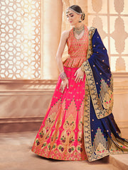 Deep Blue & Pink Designer Wedding Partywear Banarasi Silk Jacquard Lehenga Banarasi Silk Jacquard Dupatta & Banarasi Silk Jacquard Blouse