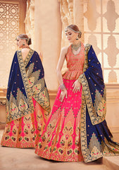 Deep Blue & Pink Designer Wedding Partywear Banarasi Silk Jacquard Lehenga Banarasi Silk Jacquard Dupatta & Banarasi Silk Jacquard Blouse
