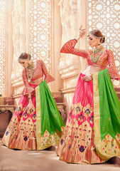 Green & Pink Designer Wedding Partywear Banarasi Silk Jacquard Lehenga Banarasi Silk Jacquard Dupatta & Banarasi Silk Jacquard Blouse