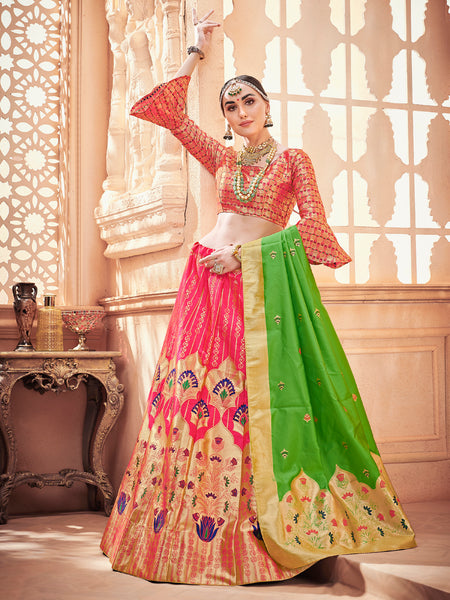 Green & Pink Designer Wedding Partywear Banarasi Silk Jacquard Lehenga Banarasi Silk Jacquard Dupatta & Banarasi Silk Jacquard Blouse