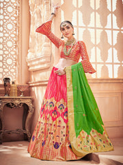 Green & Pink Designer Wedding Partywear Banarasi Silk Jacquard Lehenga Banarasi Silk Jacquard Dupatta & Banarasi Silk Jacquard Blouse