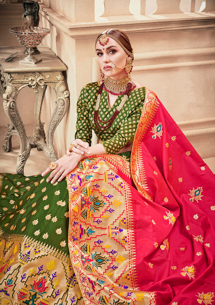 Deep Green & Pink Designer Wedding Partywear Banarasi Silk Jacquard Lehenga Banarasi Silk Jacquard Dupatta & Banarasi Silk Jacquard Blouse