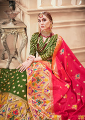 Deep Green & Pink Designer Wedding Partywear Banarasi Silk Jacquard Lehenga Banarasi Silk Jacquard Dupatta & Banarasi Silk Jacquard Blouse