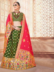 Deep Green & Pink Designer Wedding Partywear Banarasi Silk Jacquard Lehenga Banarasi Silk Jacquard Dupatta & Banarasi Silk Jacquard Blouse