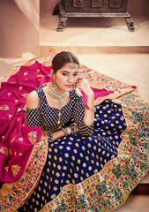 Deep Blue & Pink Designer Wedding Partywear Banarasi Silk Jacquard Lehenga Banarasi Silk Jacquard Dupatta & Banarasi Silk Jacquard Blouse