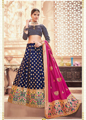 Deep Blue & Pink Designer Wedding Partywear Banarasi Silk Jacquard Lehenga Banarasi Silk Jacquard Dupatta & Banarasi Silk Jacquard Blouse