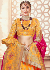 Yellow & Pink Designer Wedding Partywear Banarasi Silk Jacquard Lehenga Banarasi Silk Jacquard Dupatta & Banarasi Silk Jacquard Blouse