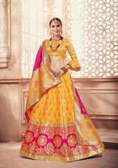 Yellow & Pink Designer Wedding Partywear Banarasi Silk Jacquard Lehenga Banarasi Silk Jacquard Dupatta & Banarasi Silk Jacquard Blouse