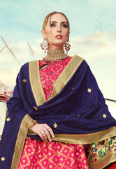 Deep Pink & Deep Blue Designer Wedding Partywear Banarasi Silk Jacquard Lehenga Banarasi Silk Jacquard Dupatta & Banarasi Silk Jacquard Blouse