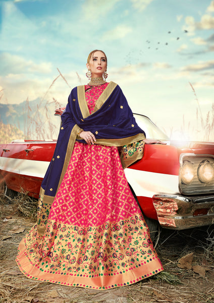 Deep Pink & Deep Blue Designer Wedding Partywear Banarasi Silk Jacquard Lehenga Banarasi Silk Jacquard Dupatta & Banarasi Silk Jacquard Blouse