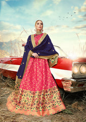 Deep Pink & Deep Blue Designer Wedding Partywear Banarasi Silk Jacquard Lehenga Banarasi Silk Jacquard Dupatta & Banarasi Silk Jacquard Blouse