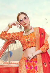 Pink & Orange Designer Wedding Partywear Banarasi Silk Jacquard Lehenga Banarasi Silk Jacquard Dupatta & Banarasi Silk Jacquard Blouse