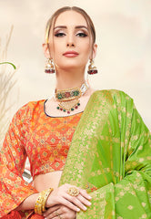 Orange & Light Green Designer Wedding Partywear Banarasi Silk Jacquard Lehenga Banarasi Silk Jacquard Dupatta & Banarasi Silk Jacquard Blouse