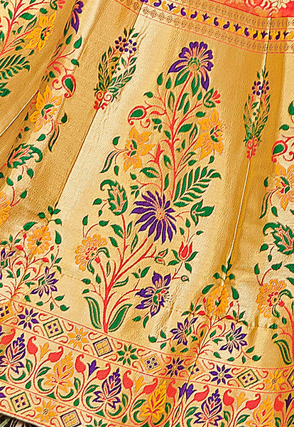 Orange & Light Green Designer Wedding Partywear Banarasi Silk Jacquard Lehenga Banarasi Silk Jacquard Dupatta & Banarasi Silk Jacquard Blouse
