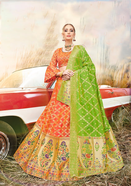 Orange & Light Green Designer Wedding Partywear Banarasi Silk Jacquard Lehenga Banarasi Silk Jacquard Dupatta & Banarasi Silk Jacquard Blouse