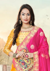 Pink & Yellow Designer Wedding Partywear Banarasi Silk Jacquard Lehenga Banarasi Silk Jacquard Dupatta & Banarasi Silk Jacquard Blouse