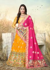 Pink & Yellow Designer Wedding Partywear Banarasi Silk Jacquard Lehenga Banarasi Silk Jacquard Dupatta & Banarasi Silk Jacquard Blouse