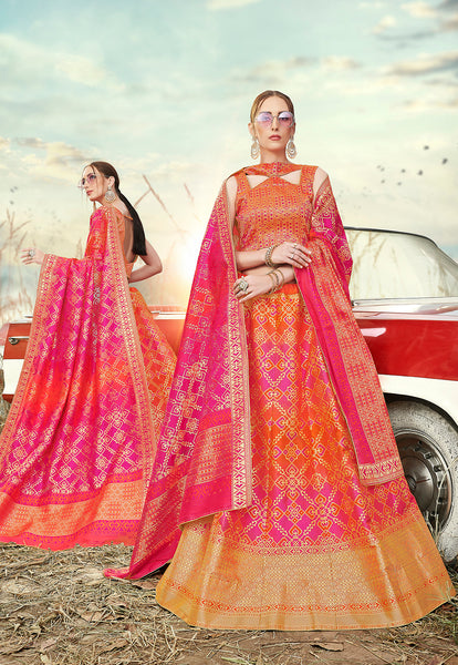 Deep Pink & Orange Designer Wedding Partywear Banarasi Silk Jacquard Lehenga Banarasi Silk Jacquard Dupatta & Banarasi Silk Jacquard Blouse