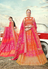 Deep Pink & Orange Designer Wedding Partywear Banarasi Silk Jacquard Lehenga Banarasi Silk Jacquard Dupatta & Banarasi Silk Jacquard Blouse