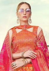 Deep Pink & Orange Designer Wedding Partywear Banarasi Silk Jacquard Lehenga Banarasi Silk Jacquard Dupatta & Banarasi Silk Jacquard Blouse