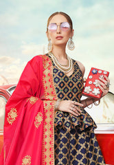 Deep Blue & Pink Designer Wedding Partywear Banarasi Silk Jacquard Lehenga Banarasi Silk Jacquard Dupatta & Banarasi Silk Jacquard Blouse