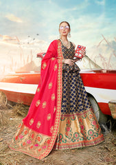 Deep Blue & Pink Designer Wedding Partywear Banarasi Silk Jacquard Lehenga Banarasi Silk Jacquard Dupatta & Banarasi Silk Jacquard Blouse