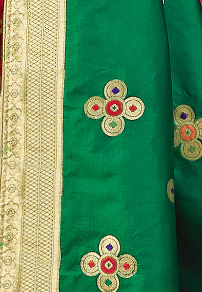 Red & Green Designer Wedding Partywear Banarasi Silk Jacquard Lehenga Banarasi Silk Jacquard Dupatta & Banarasi Silk Jacquard Blouse