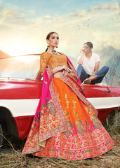 Orange & Pink Designer Wedding Partywear Banarasi Silk Jacquard Lehenga Banarasi Silk Jacquard Dupatta & Banarasi Silk Jacquard Blouse